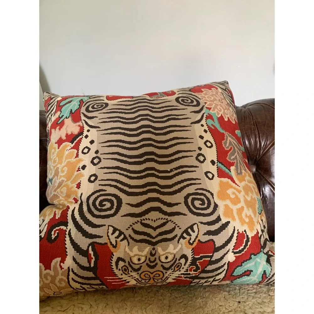 Tibetan Tiger Tapestry Throw Pillow Red Floral Woven Accent Decor 22x22